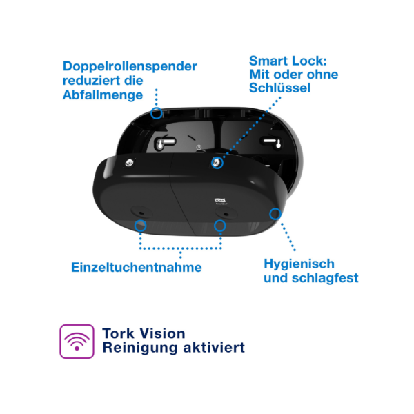 Alternative view of Tork SmartOne Toilettenpapierspender Mini Doppelrollenspender für Toilettenpapier, Schwarz, T9 Kompatibilität, Hohe Kapazität, Elevation Linie, 682008