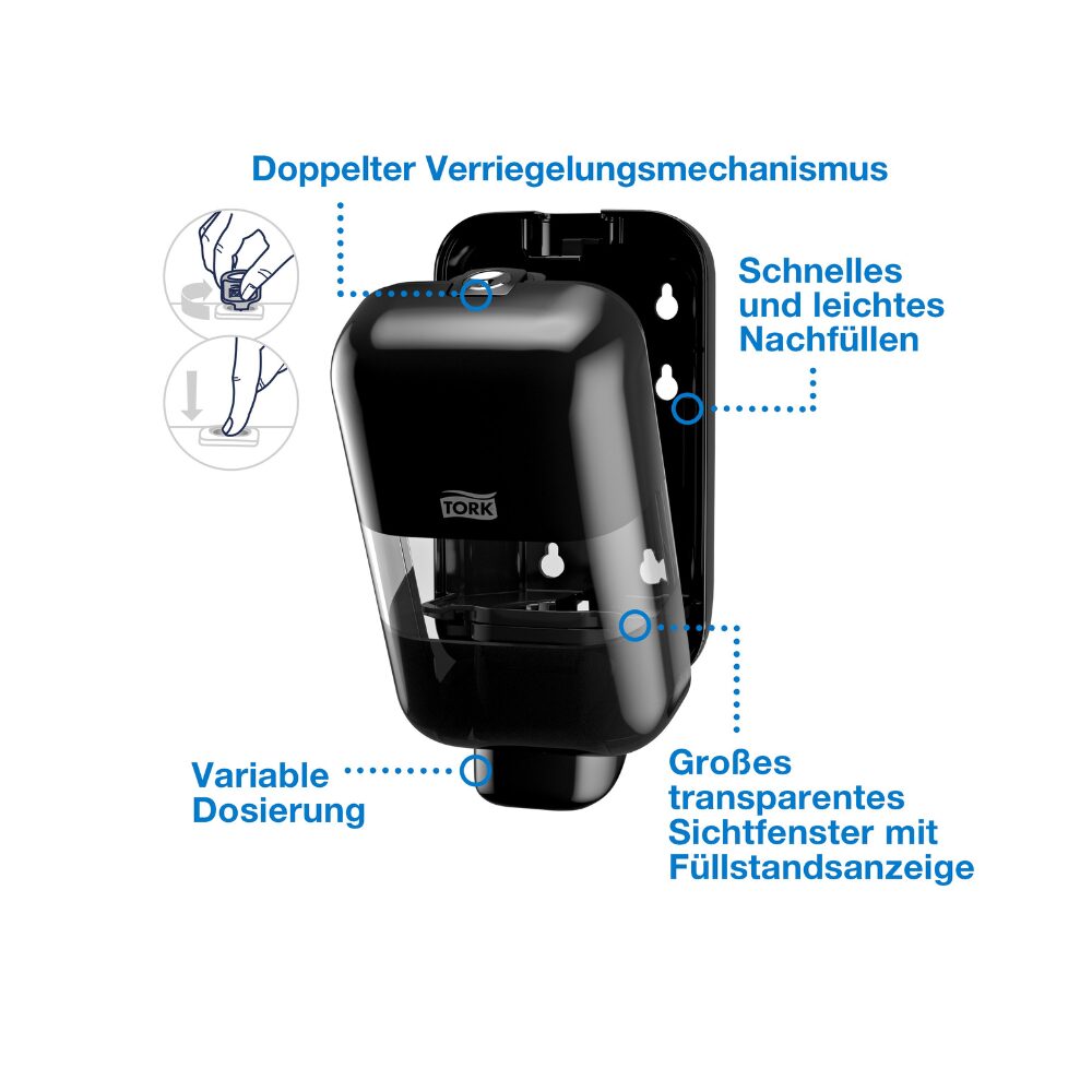 Tork Mini Spender für Seifen und Händedesinfektionsmittel Schwarz, S5 Kompatibilität, geeignet für Schaumseife, Flüssigseife, Gel und Lotion, Elevation Design, 565208 – Bild 3