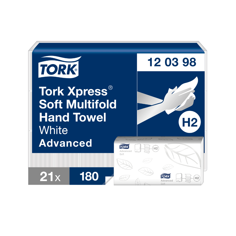 Tork Xpress Papierhandtücher, weiche Multifold-Handtücher Weiß , Advanced-Qualität, 2-lagig, Z-Falz, saugfähig, 21 × 180 Tücher, H2 Kompatibilität, 120398